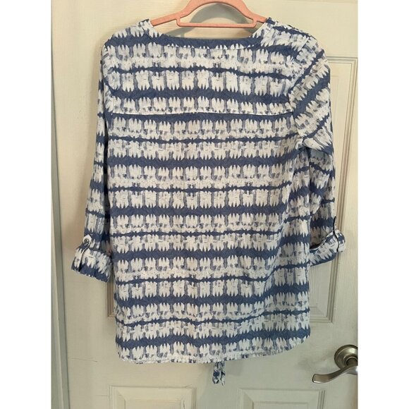 Emily Daniels Blue White Blouse Tunic Top Linen Blend Large Coastal Summer Prep - Picture 6 of 9